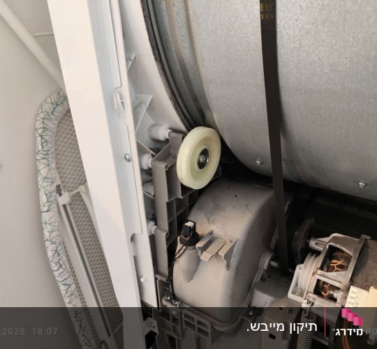 חלקים פנימיים של מכונת כביסה עם רצועה וגלגלת